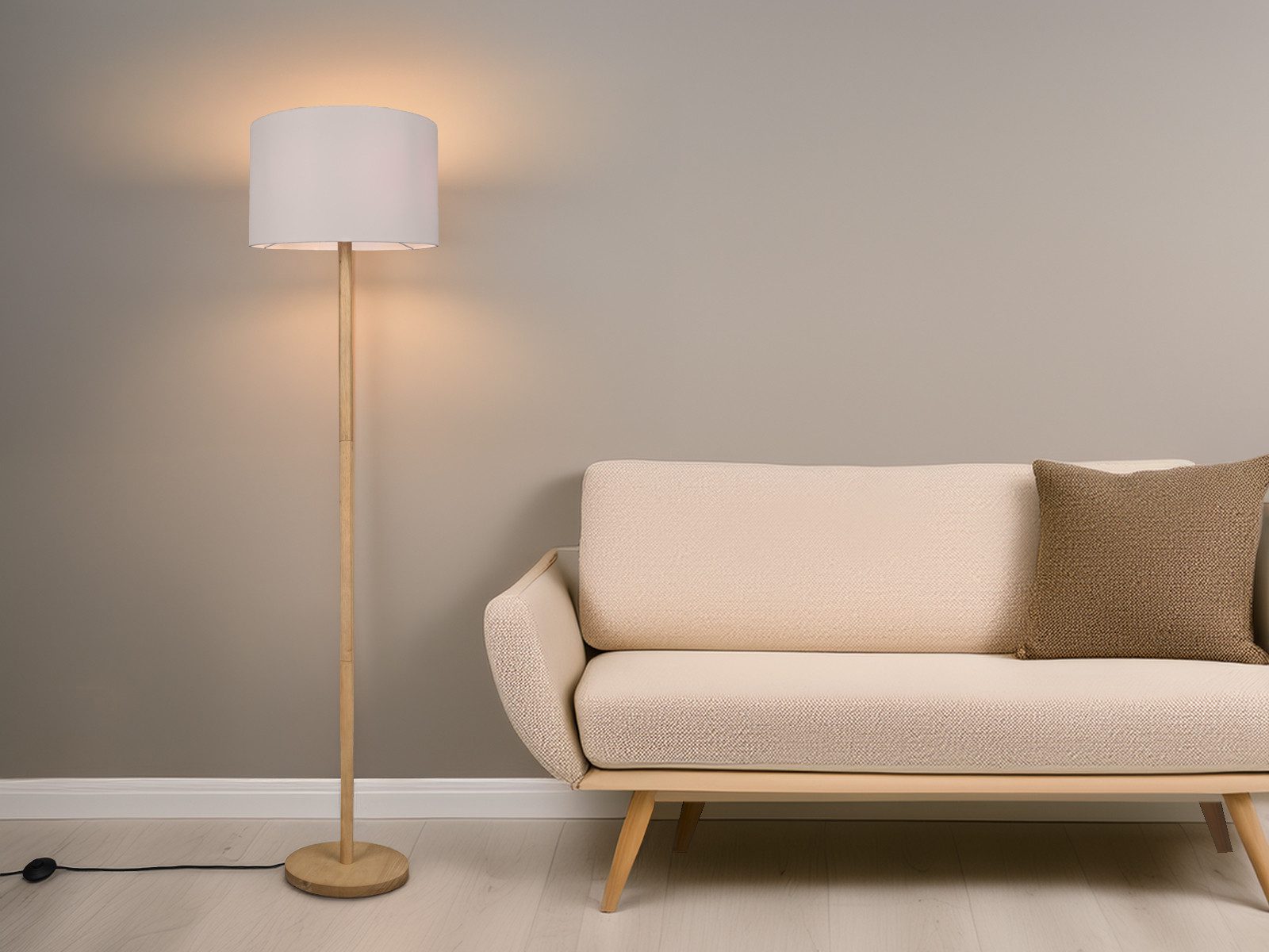 TRIO Leuchten LED Stehlampe, Dimmfunktion, LED wechselbar, Warmweiß, Holz-Lampe skandinavisch mit Stoff Lampenschirm für Ecke, Höhe 160cm