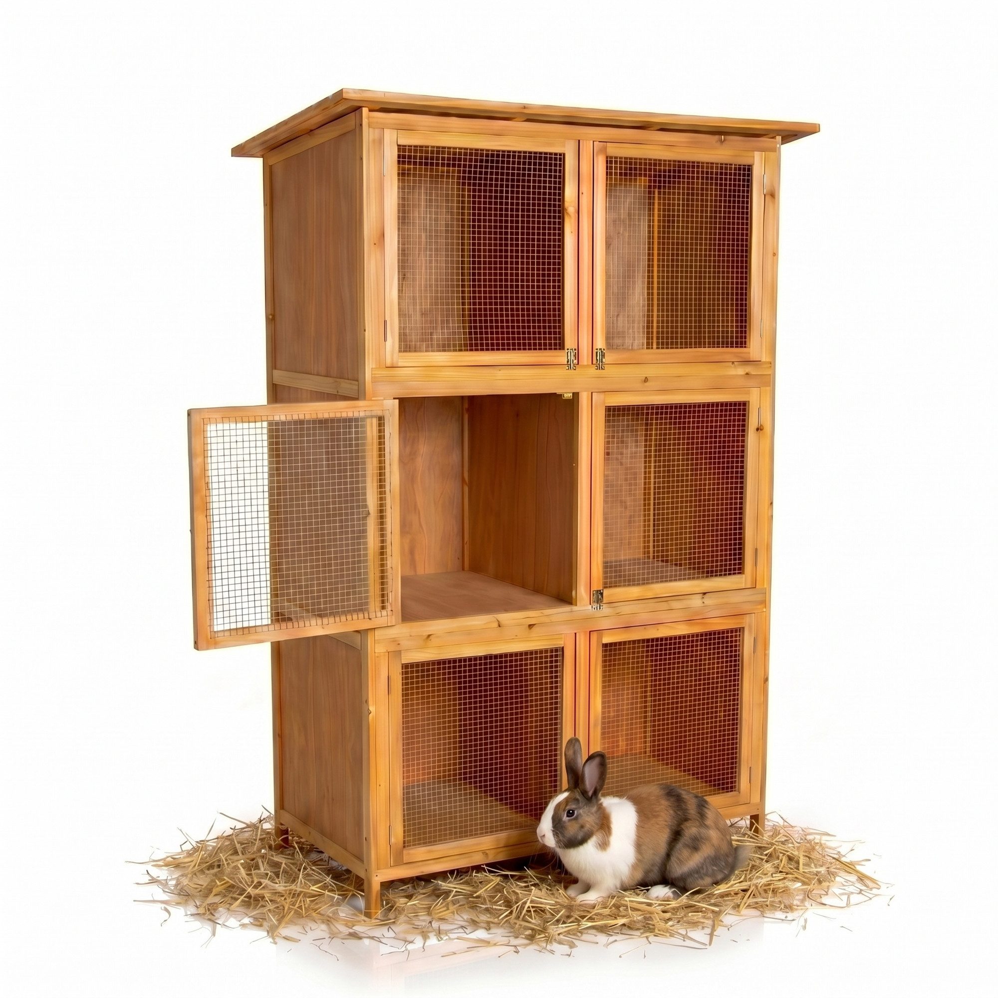 Mucola Kleintierkäfig Hasenkäfig 6 Boxen Kaninchenstall Holz Freigehege Kleintierstall XXL, 6 Boxen