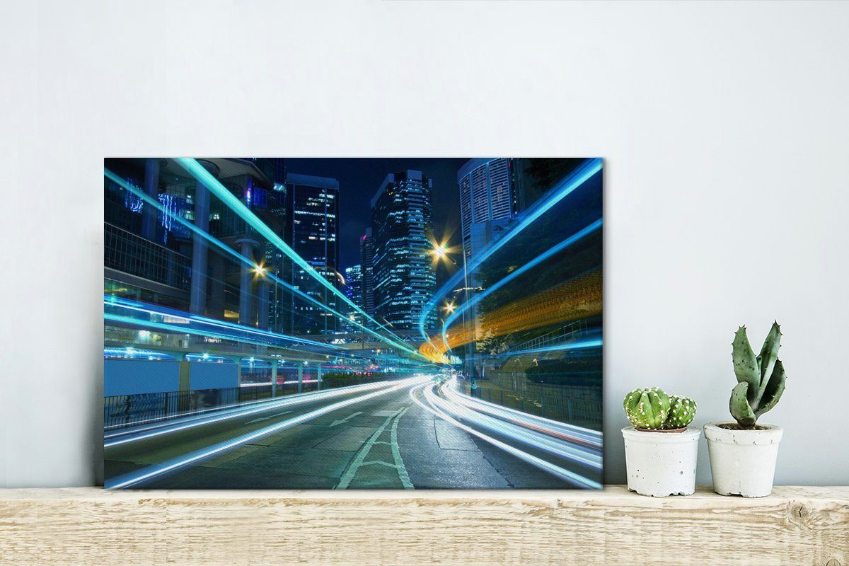OneMillionCanvasses® Leinwandbild cm Straße St), Wandbild Die Leinwandbilder, Wanddeko, Lichts in des Aufhängefertig, (1 Hongkong, einer auf Geschwindigkeit 30x20