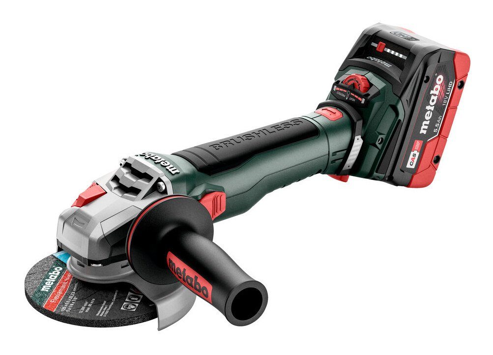 metabo Akku-Winkelschleifer WVB 18 LT BL 11-125 Quick, max. 10000 U/min, 2 x 5,5 Ah LiHD in MetaBox