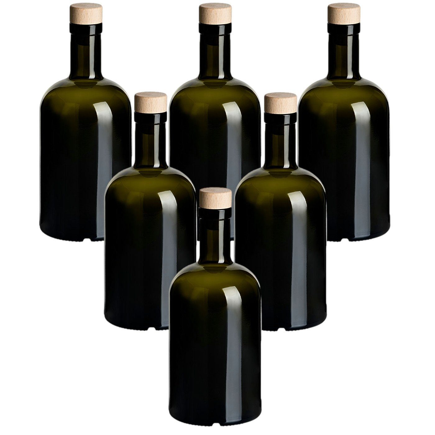 gouveo Trinkflasche Glasflaschen “Klassik” mit Korken - Runde Flasche aus Glas, 6er Set 500ml, Antik, Holzgriffkorken Dunkelgrün-Holzgriffkorken