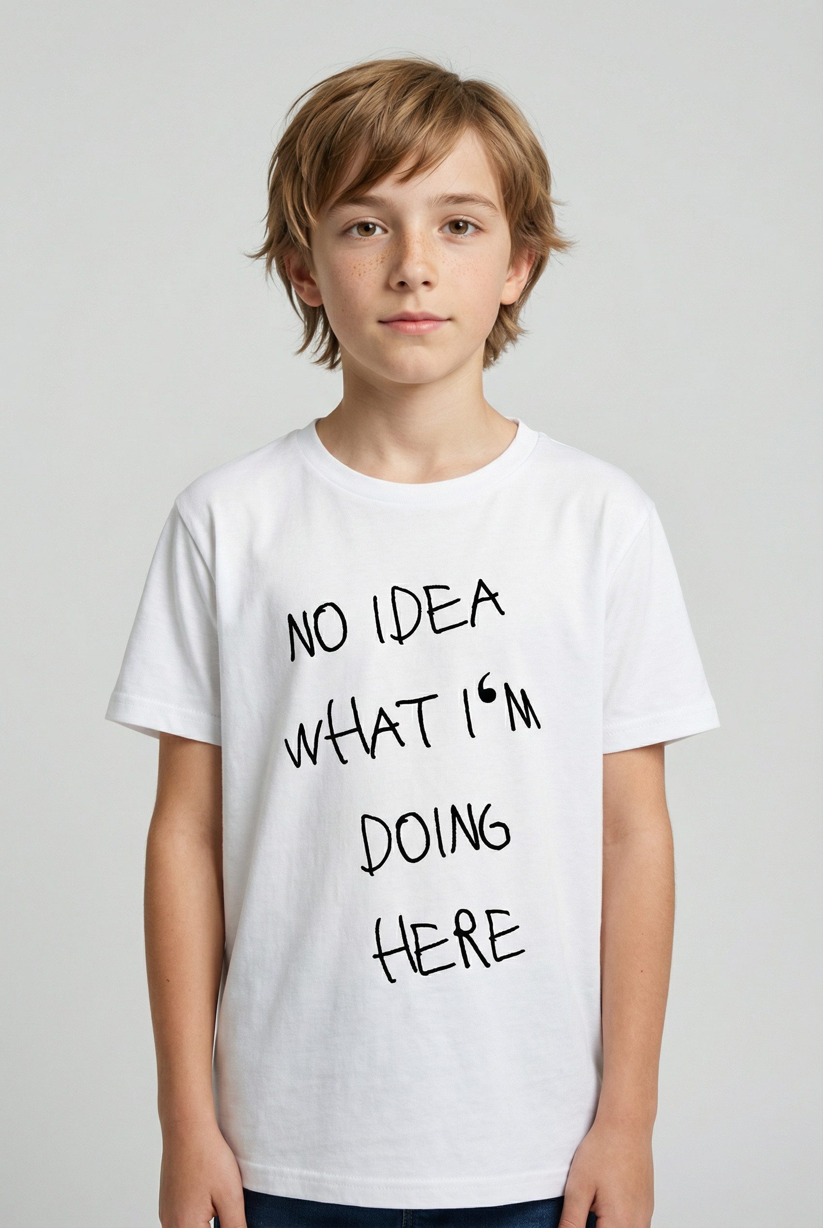 KIDSWORLD T-Shirt Spruch: NO IDEA WHAT I'M DOING HERE für Jungen, Kurzarm, Basic Passform, mit modischem Druck
