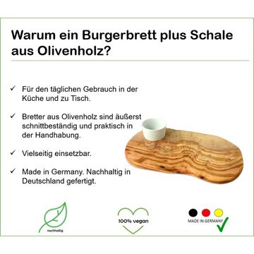 Olivenholz-erleben Schneidebrett Burgerbrett rustikal 30-34 cm plus Dipschale, (1-St), antibakterielle Wirkung, rutschfeste Schale, lebensmittelecht