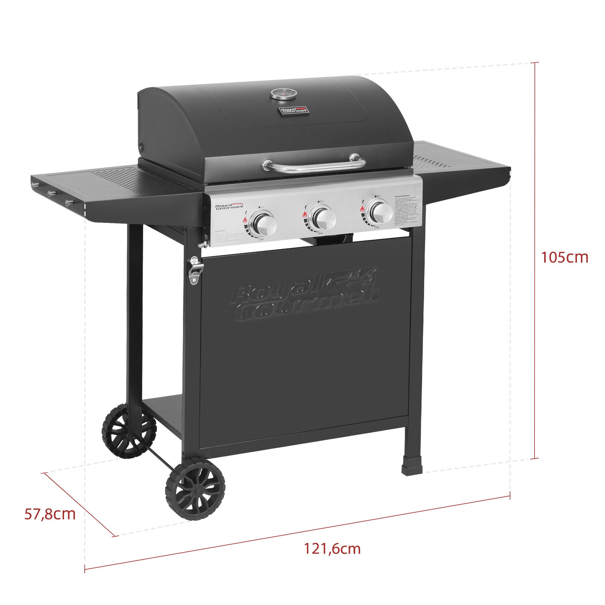 Royal Gourmet Gasgrill Grillwagen 3 Brenner 9 kW Camping Gaskocher mit Kochplatte, Gartengrill mit Flaschenöffner, 121,6x57,8x105cm