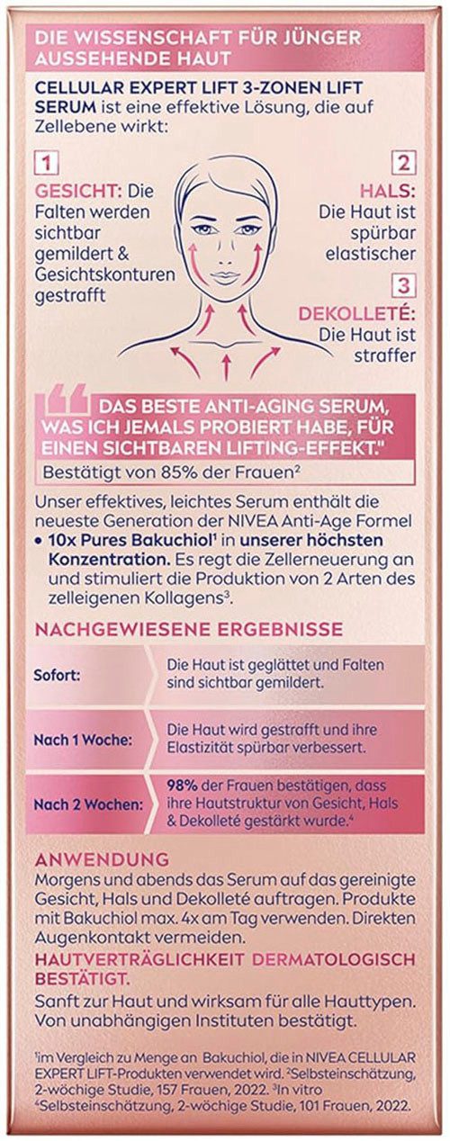 Nivea Gesichtsserum CELLULAR EXPERT LIFT BAKUCHIOL LIFT SERUM, Verbessert Hautelastizität, für Gesicht, Hals und Dekolleté.