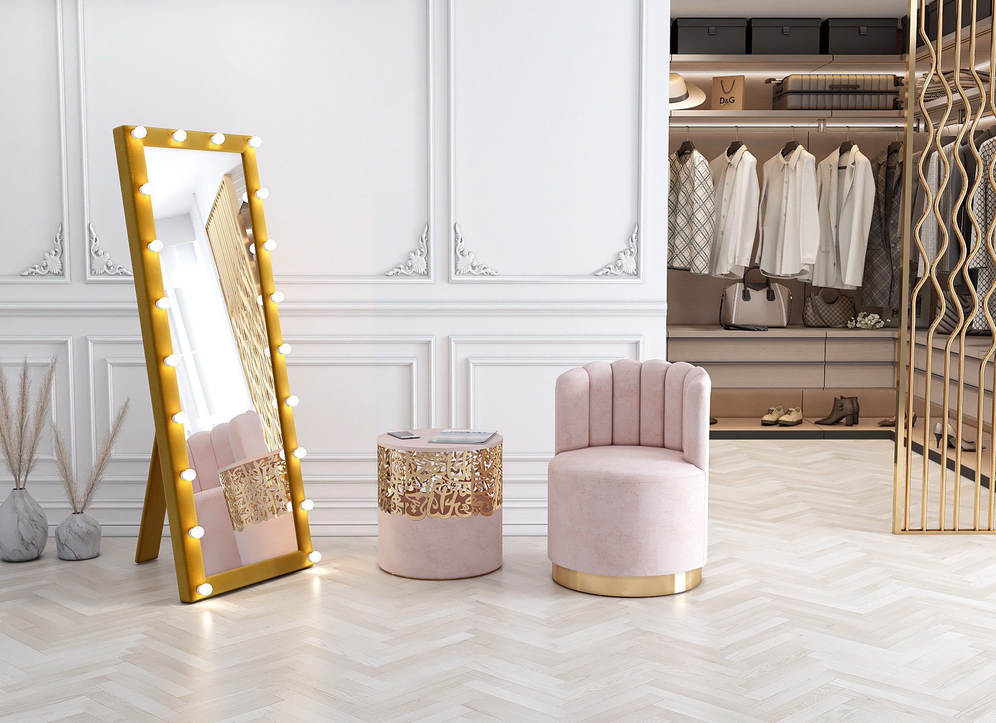 ALLHOUSE24 Standspiegel Hollywood 160x 60 mit Beleuchtung Glühbirnen gepolsterte Rahme BERLIN