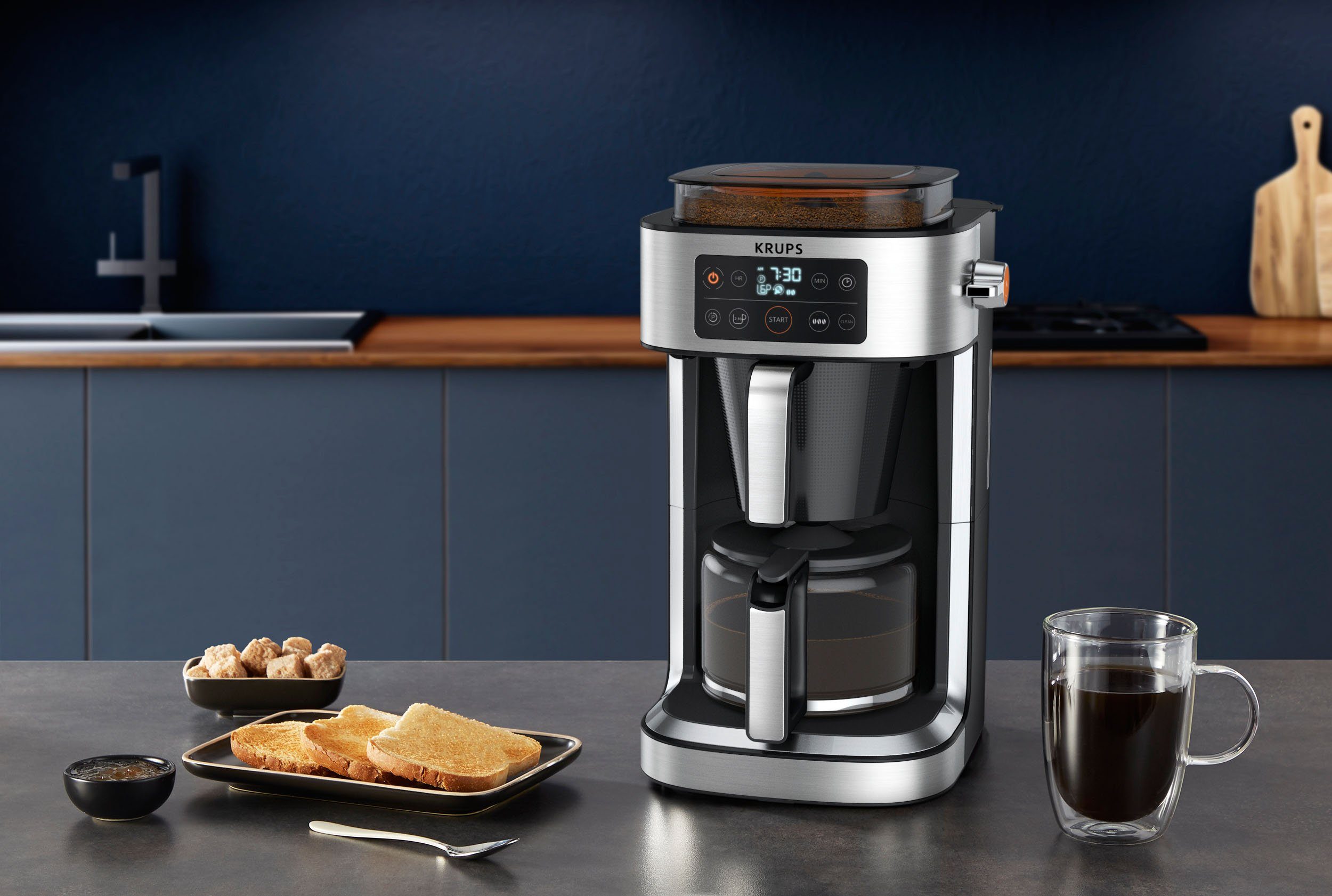 frischen bis 400 g Kaffee Partner, Kaffeekanne, 1,25l KM760D integrierte Krups für Kaffee-Vorratsbox zu Aroma Filterkaffeemaschine