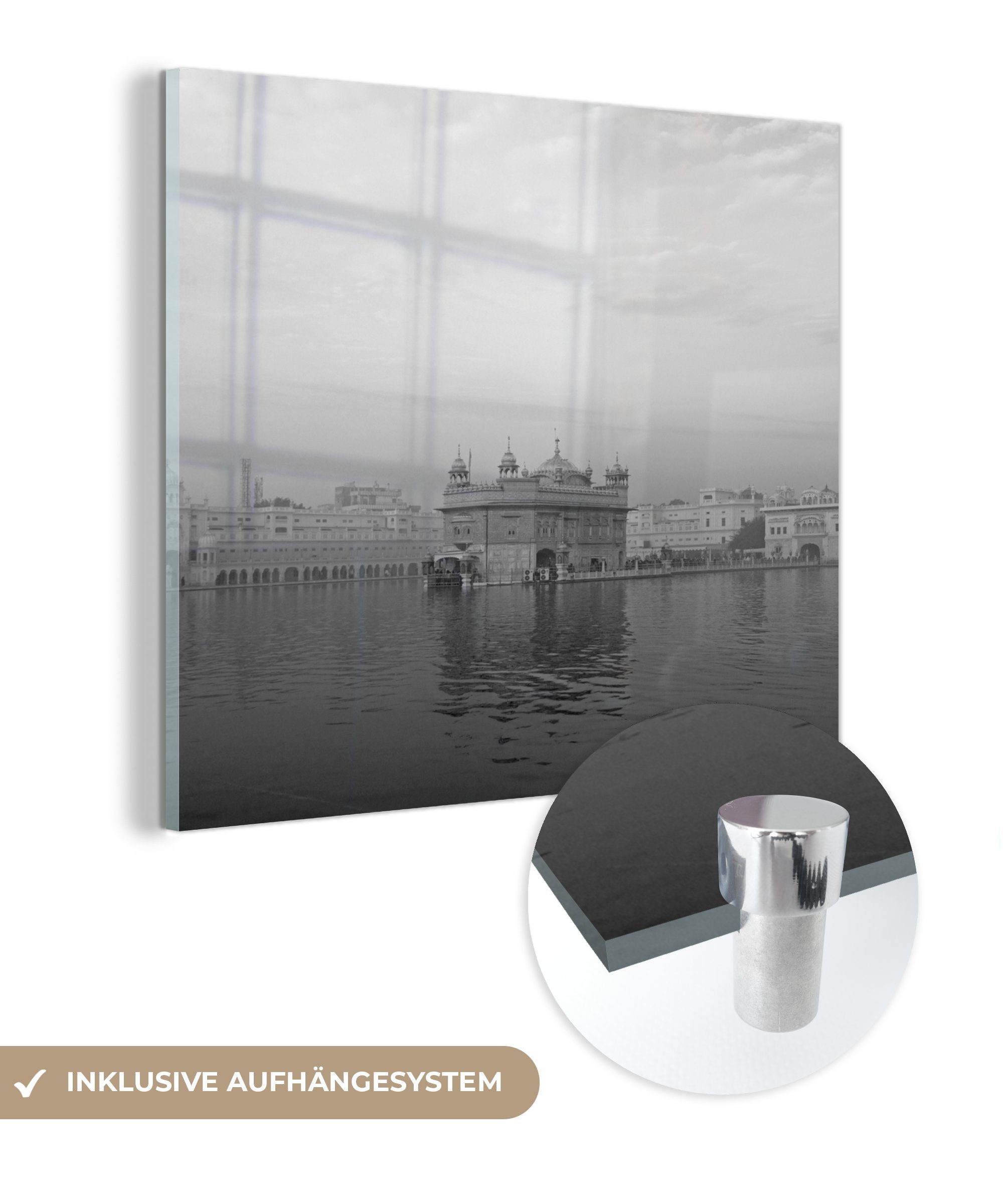 Glasbilder - Bilder Tempels Amritsar Foto (1 Glas Wandbild MuchoWow St), Morgen, am - Wanddekoration Schwarz-Weiß-Bild in Glas auf Acrylglasbild Goldenen auf des -