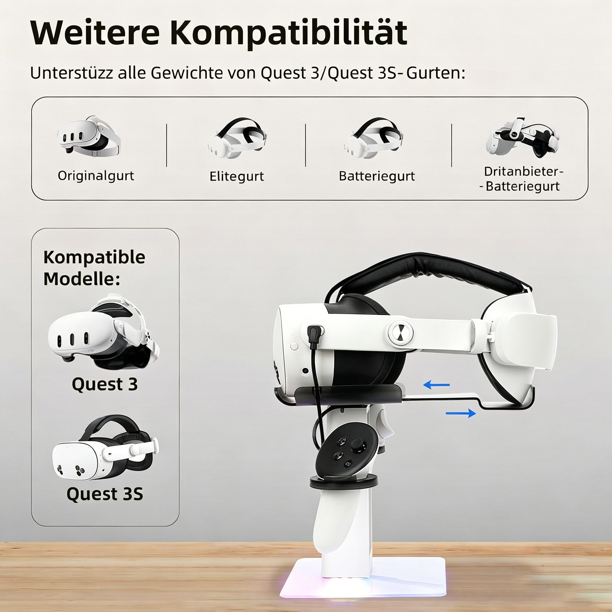 Toomoke Vertikaler RGB-Ladeständer, kompatibel mit Quest 3S/Quest 3 Zubehör Virtual-Reality-Headset (LED-Licht unten und Rutschfester Matte) – Bild 5 von 5
