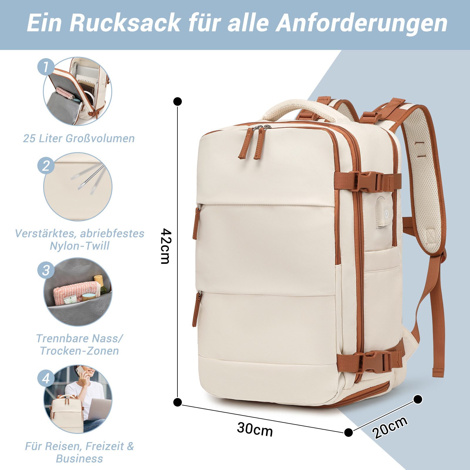 KONO Reiserucksack Handgepäck Laptop Rucksack 42x30x20,25L mit Schuhfach für Reisen&Sport