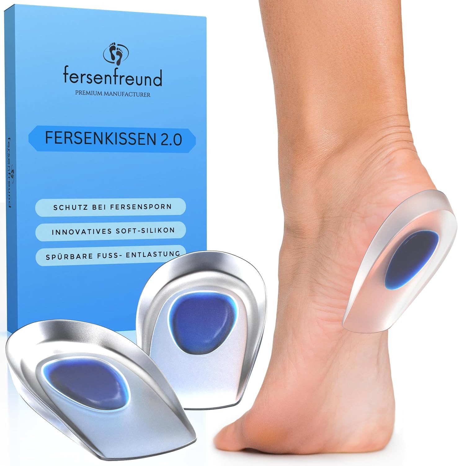 FERSENFREUND Fersenspornhilfe FERSENFREUND© Fersensporn Einlagen Fersenkissen aus 100% Silikon, Fersenpolster Geleinlagen Fersenkeil Gelkissen Schuhe Schuheinlagen
