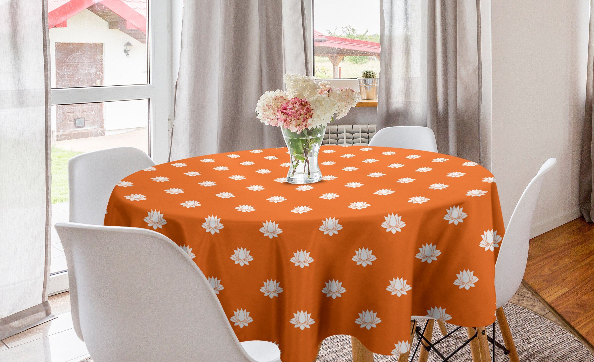 Abakuhaus Tischdecke Kreis Tischdecke Abdeckung für Esszimmer Küche Dekoration, Orange und Weiß japanischer Lotus