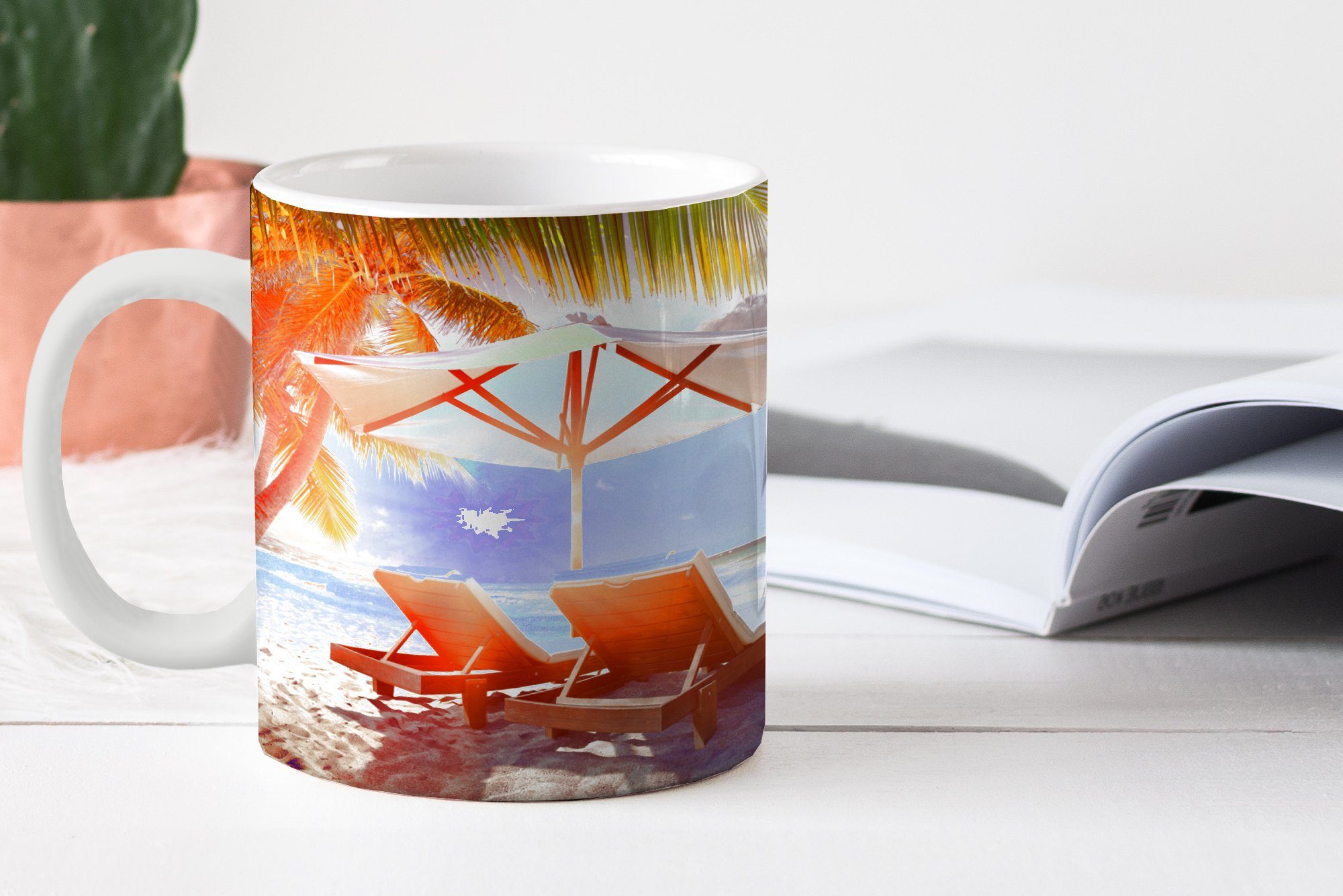 Stühle Geschenk Teetasse, - Keramik, Teetasse, Tasse Kaffeetassen, Sonnenschirm - MuchoWow Becher, Strand,