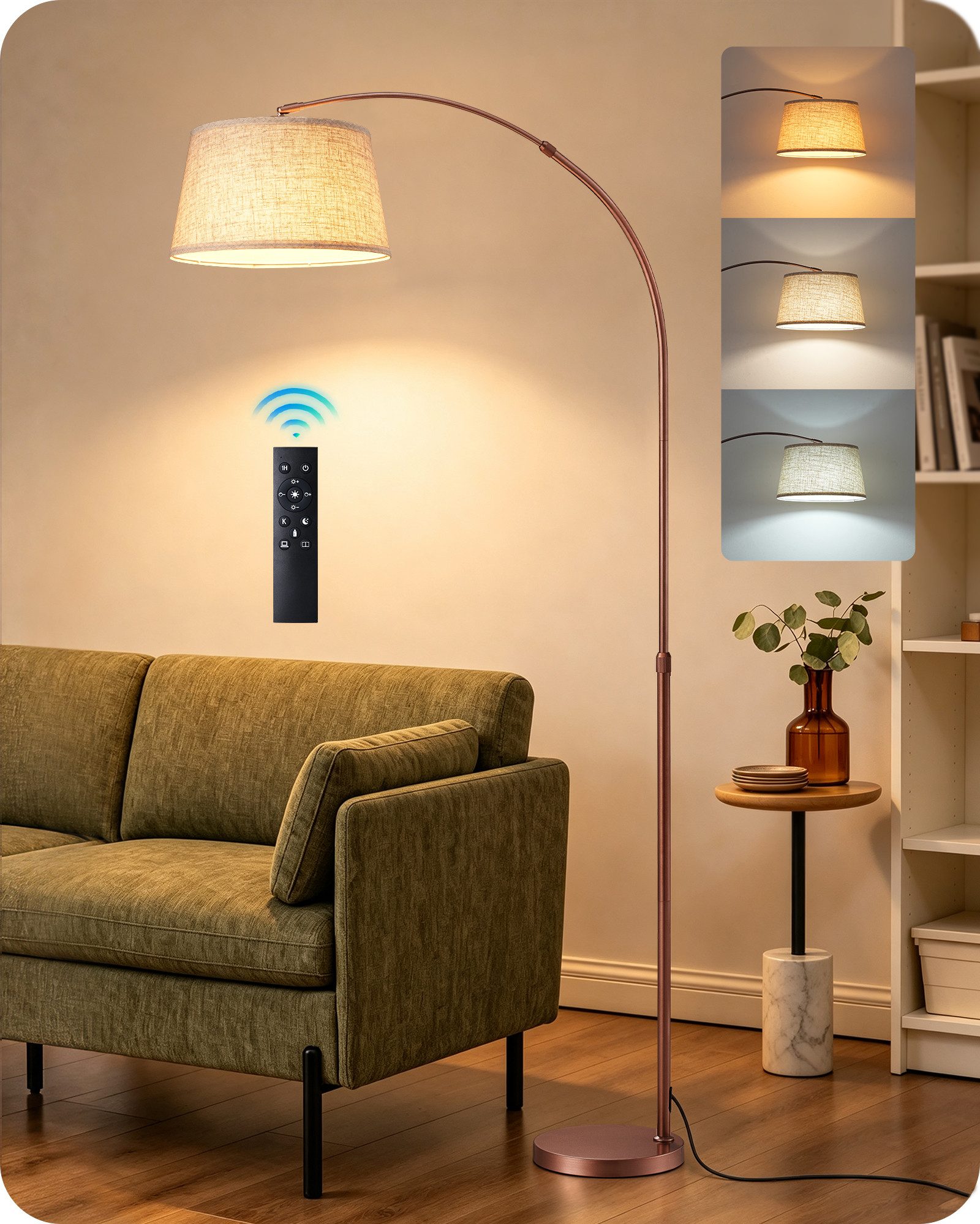 EDISHINE Stehlampe Wohnzimmer dimmbar, Standleuchte Höhenverstellbar, LED wechselbar, kaltweiß bis warmweiß dimmbar, LED Bogenlampe mit Fernbedienung