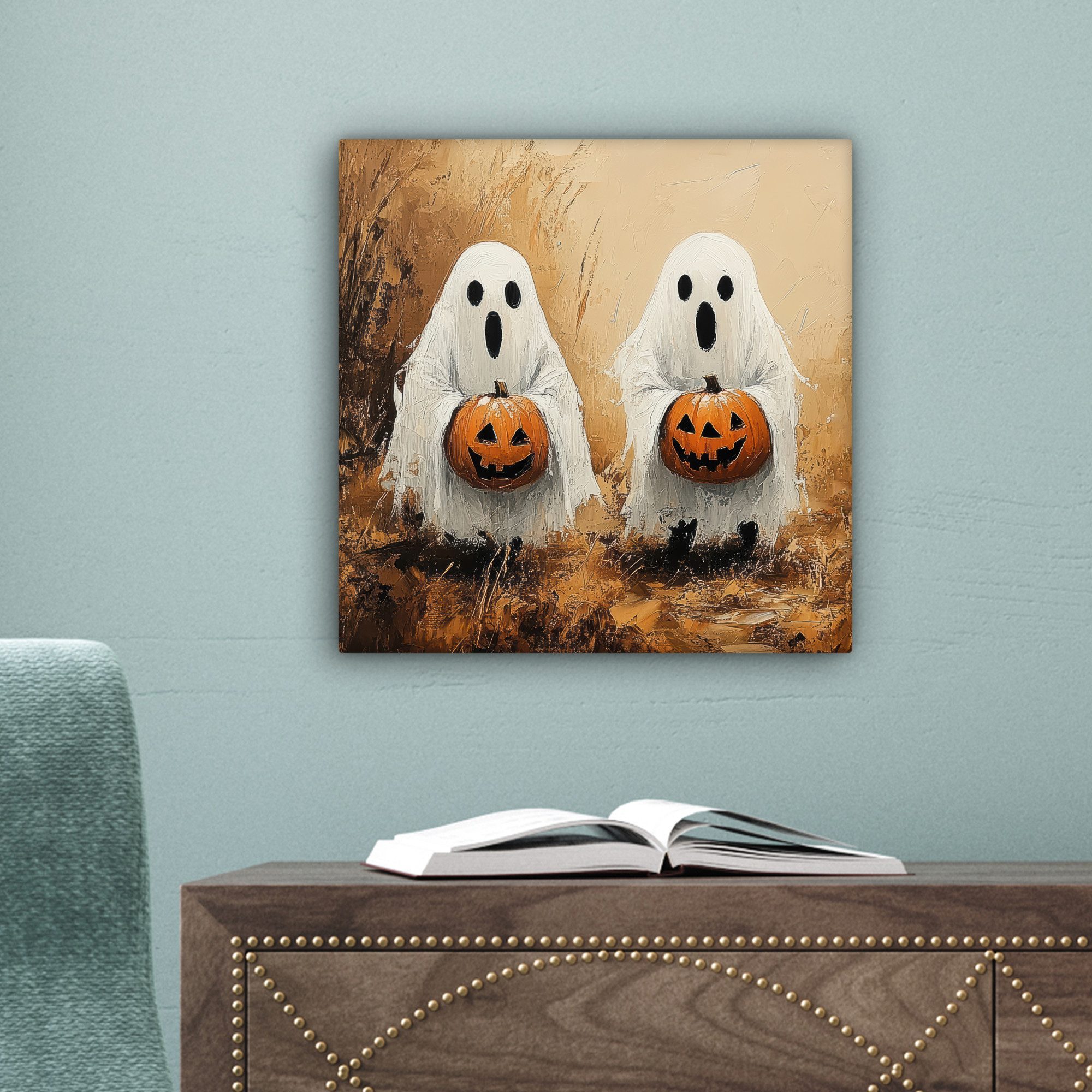 OneMillionCanvasses® Leinwandbild Halloween - Kürbis - Geist - Herbst, Fotodruck (1 St), Wandbild, Deko Schlafzimmer Wohnzimmer Flur 20x20 cm – Bild 3 von 5