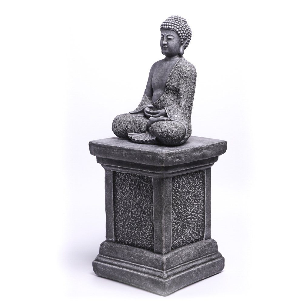 Tiefes Kunsthandwerk Germany Säule in Stein Figur Statue, - Buddhafigur mit aus winterfest, Made Buddha frostsicher, grau