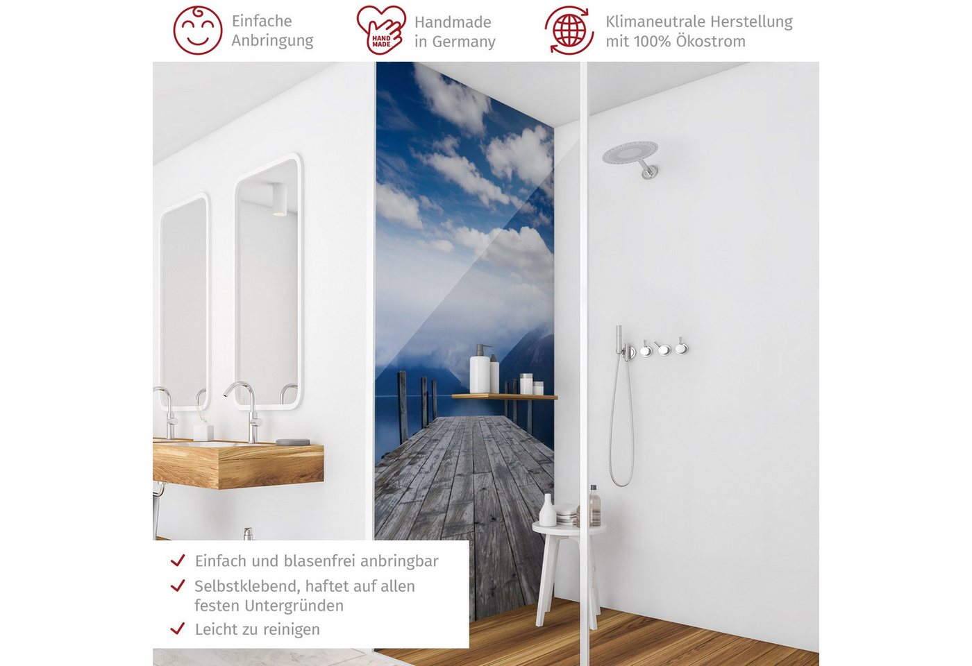 Thumbnail - Bilderdepot24 Badrückwand Natur blau Duschrückwand ohne Bohren Dusche, (1-tlg., Hart-Folie Premium matt 0,61 mm), fugenl...