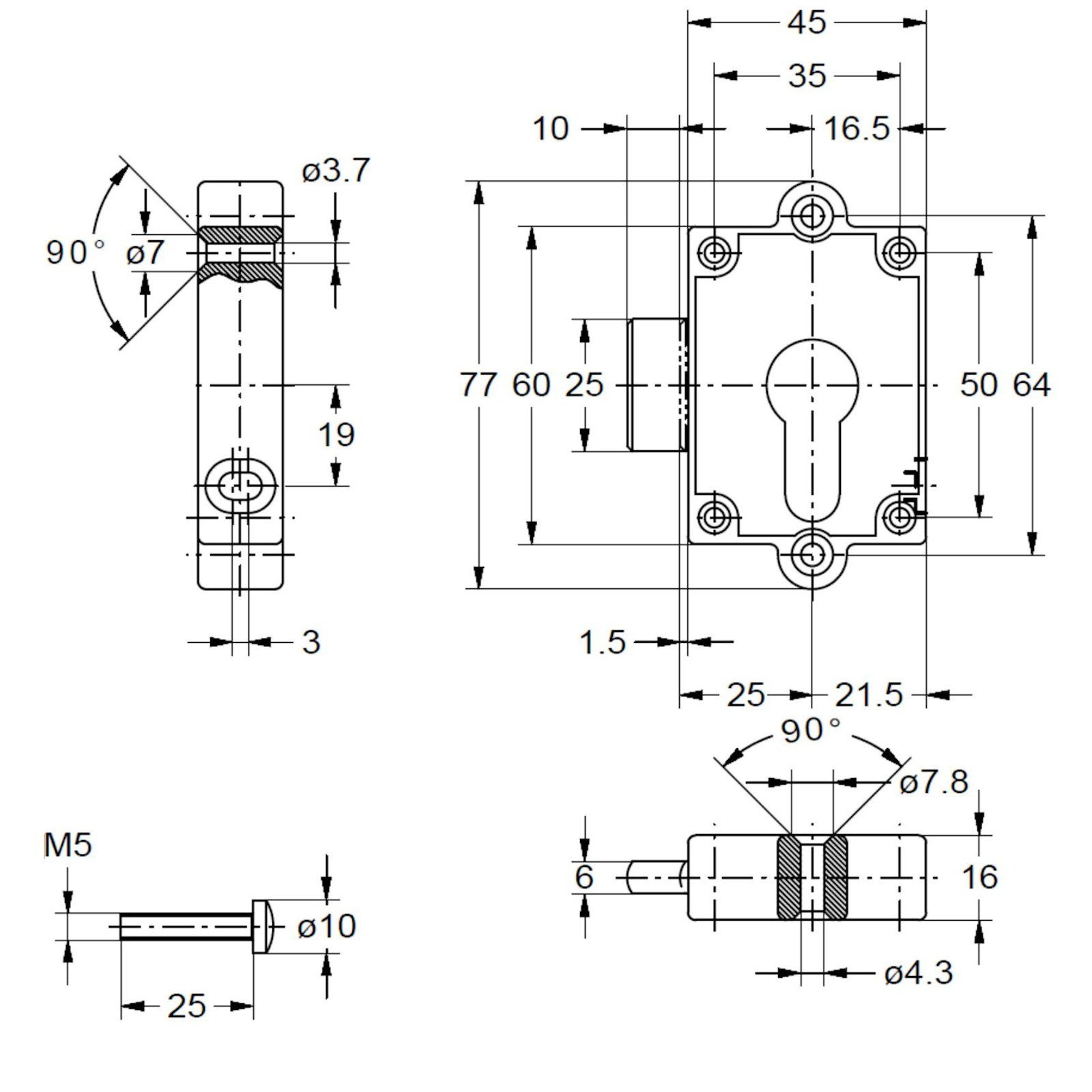 SO-TECH® Möbelschloss PZ Aufschraub-Riegelschloss Anschlag rechts/links (1-tlg), inkl. Schließblech, Dornmaß 25 mm