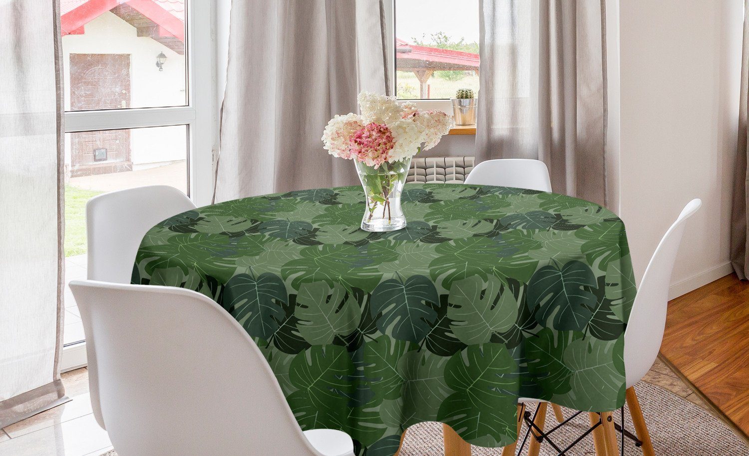 Abakuhaus Tischdecke Kreis Tischdecke Abdeckung für Esszimmer Küche Dekoration, Waldgrün Camo Palmblätter