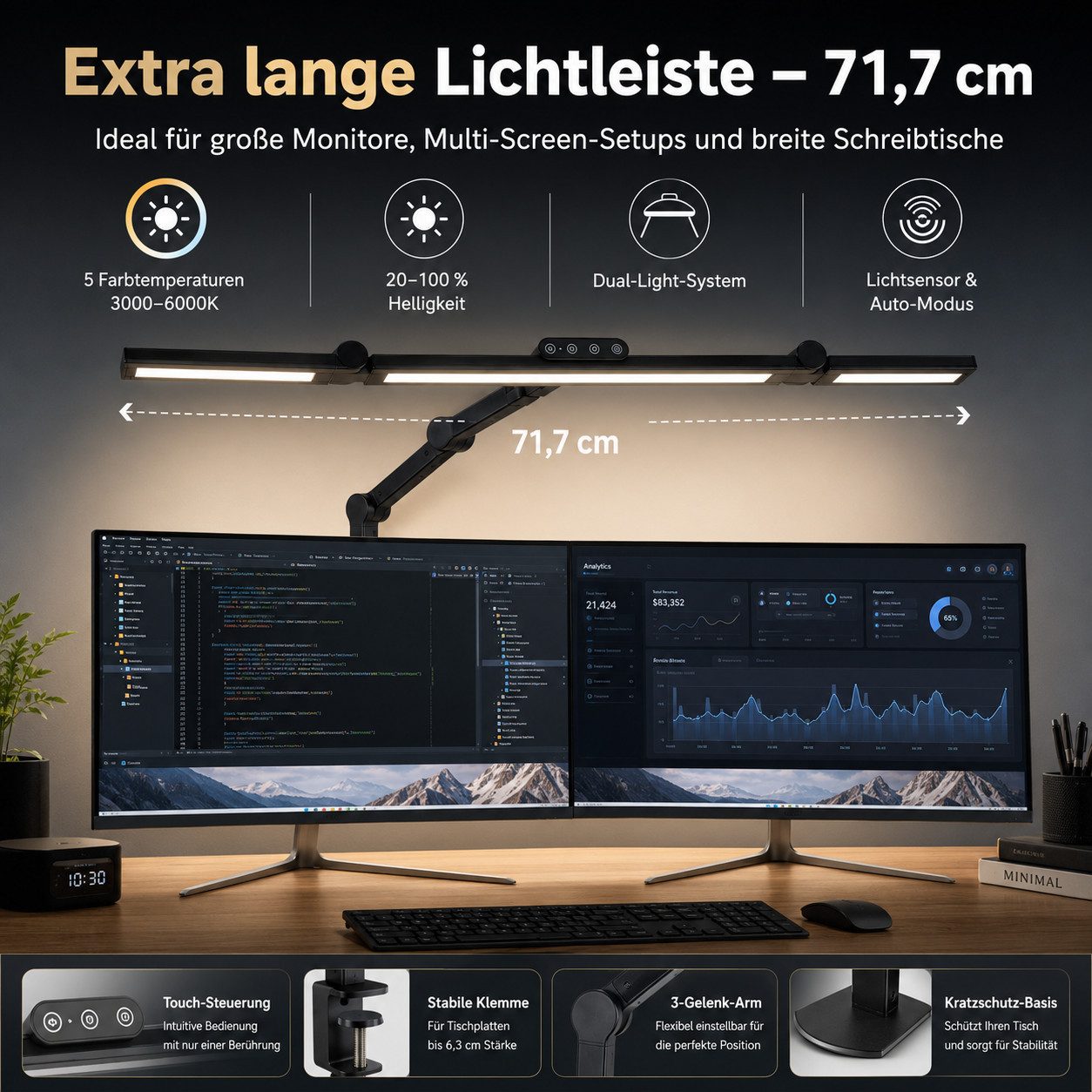Cozy Vent LED Schreibtischlampe LED Schreibtischlampe extra lang 3000–6000K mit Lichtsensor, LED fest integriert