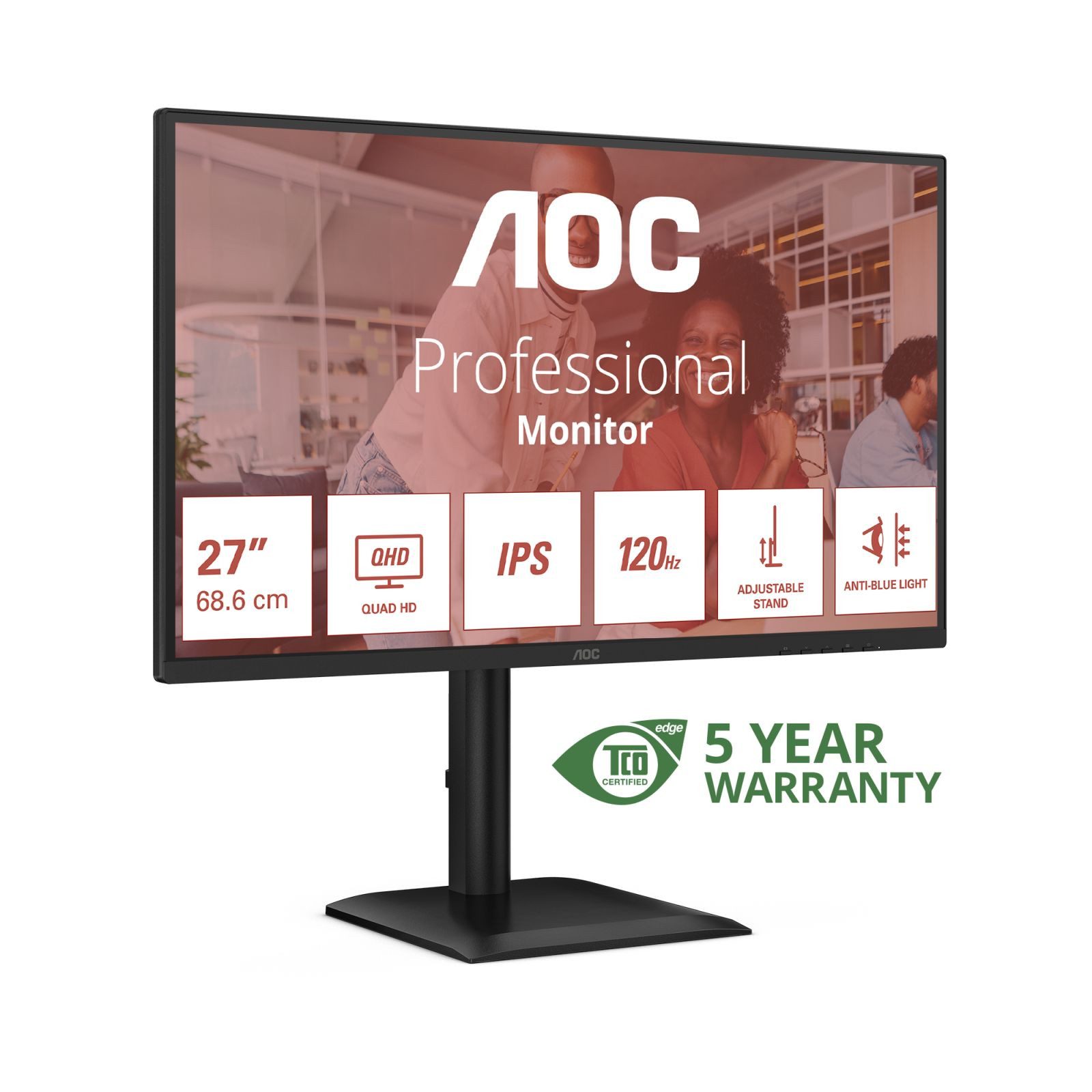 AOC Q27E4U - 27 Zoll QHD, Lautsprecher, höhenverstellbar, Adaptive Sync (2 TFT-Monitor (2560 x 1440 px, Quad HD, 4 ms Reaktionszeit, 120 Hz, IPS, Lautsprecher, Kopfhörerbuchse, Pivot, Höhenverstellbar)
