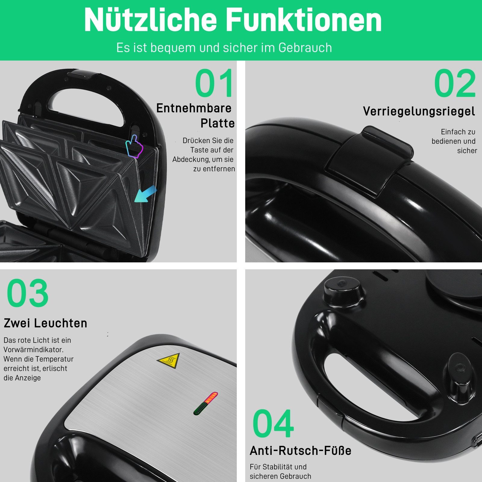 OZAVO 3-in-1-Sandwichmaker OZ320 3-in-1 Sandwichmaker & Waffeleisen & Kontaktgrill, 750 W, Antihaftbeschichtung, Vertikale Aufbewahrung,23.7*22cm