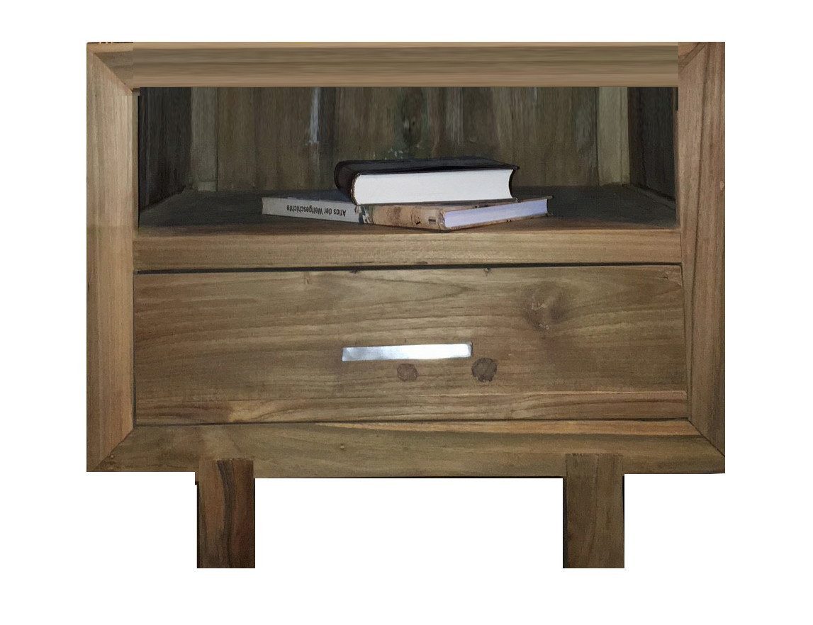 OPIUM OUTLET Nachtkonsole Nachttisch Nachtkästchen Kommode Schränkchen aus Teakholz (Nachttisch Kommode Schränkchen Kästchen, wird komplett montiert geliefert, B x T x H: 55 x 45 x 45 cm), Teakholz-Maserung