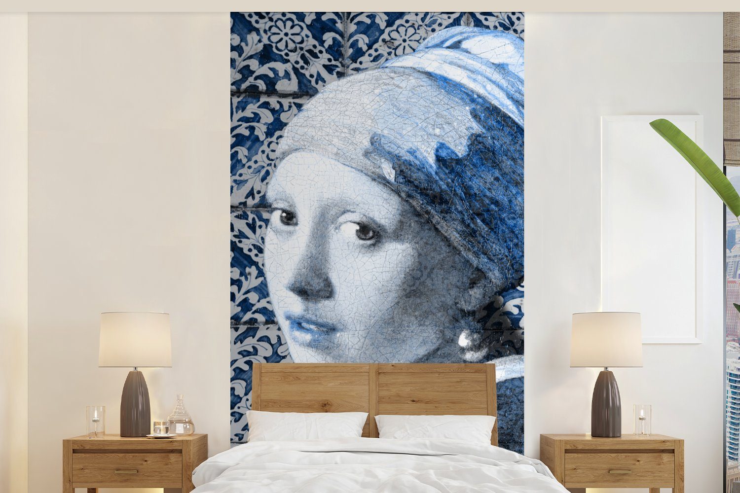 MuchoWow Fototapete Mädchen mit Perlenohrring - Vermeer - Delfter Blau, Matt, bedruckt, (2 St), Vliestapete für Wohnzimmer Schlafzimmer Küche, Fototapete