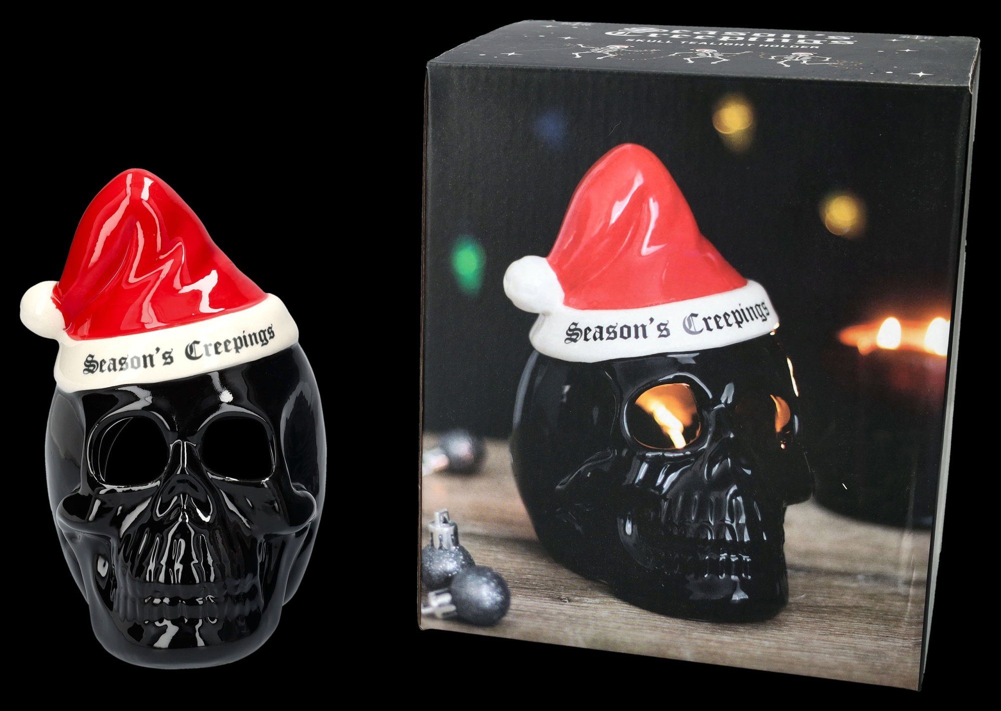 Figuren Shop GmbH Teelichthalter Teelichthalter - Totenkopf Weihnachtsmann - Weihnachtsdeko