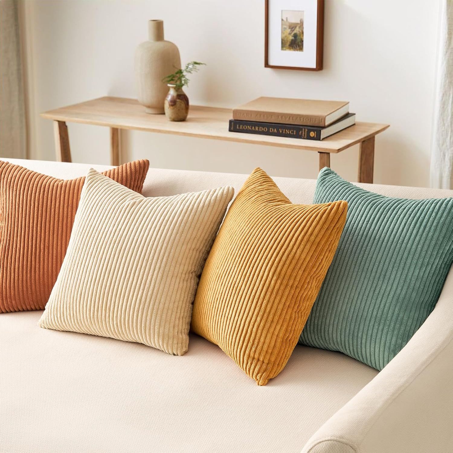 Topfinel Kissenbezüge 4er Set Kordsamt, flauschig Farbverlauf, Gestreift, kissenhüllen 50x50 dekokissen Orange-blau sofakissenbezug couchkissen