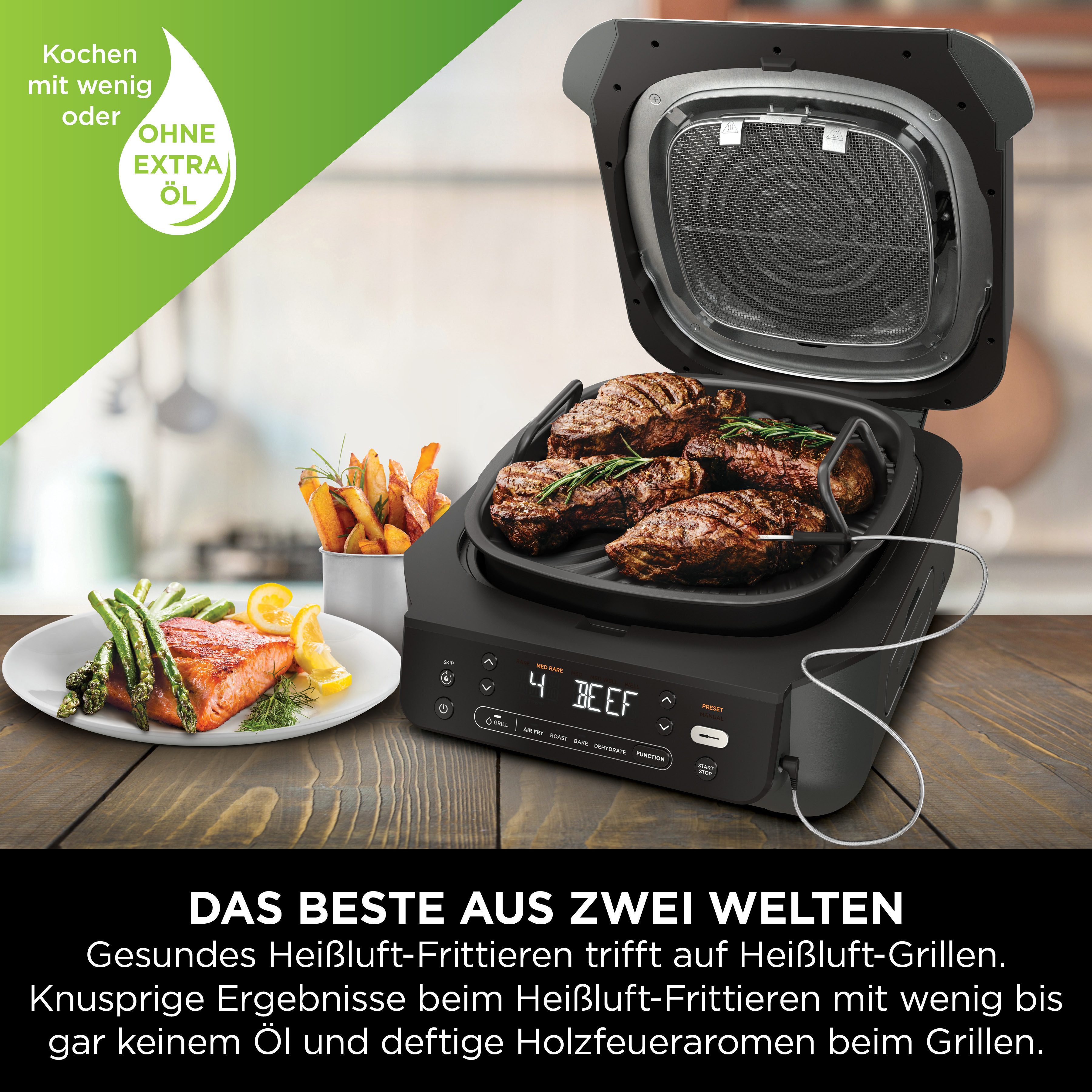 NINJA Tischgrill EG351EU, 1760 W, 5-in-1 Grill und Heißluftfritteuse
