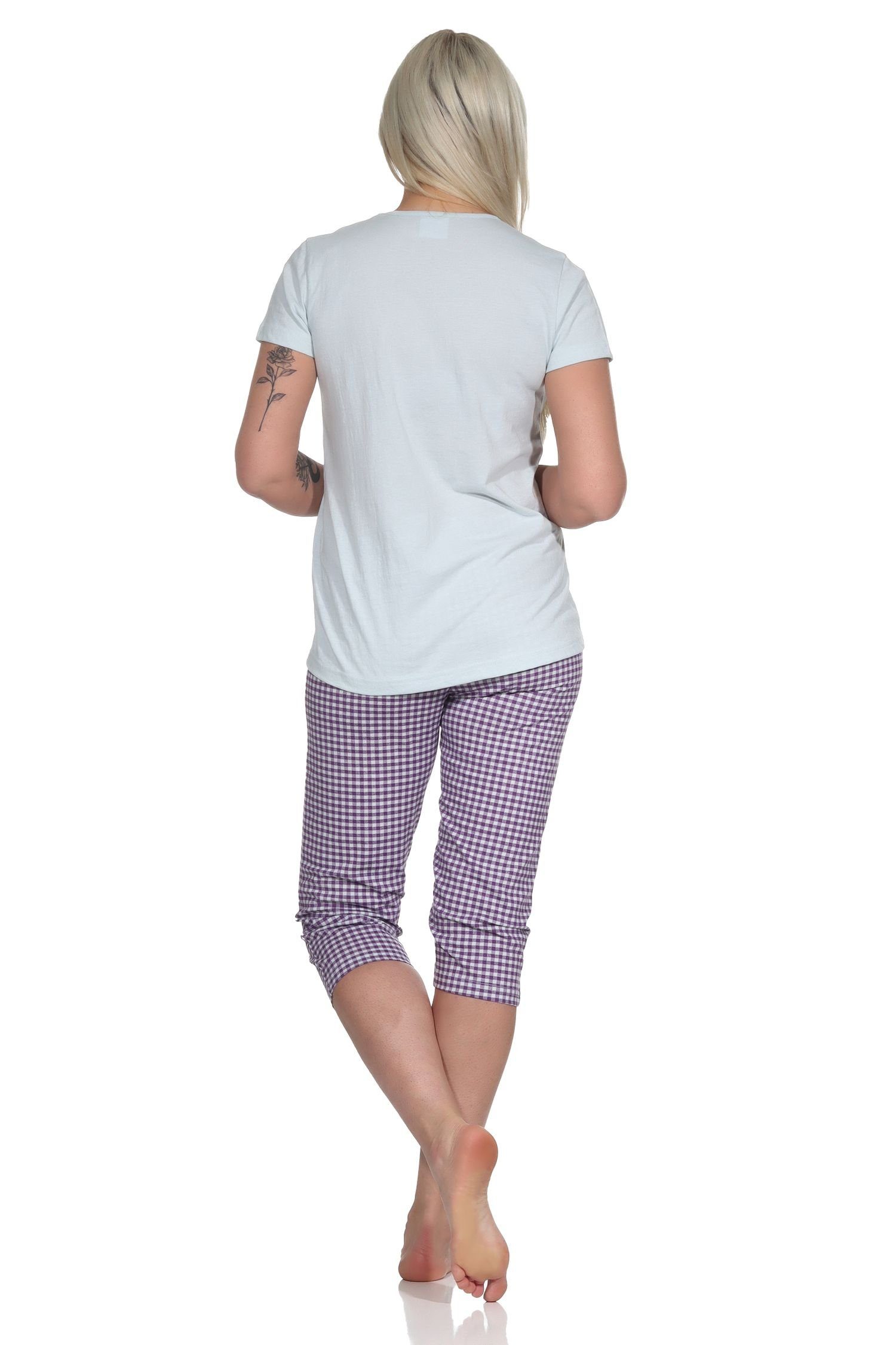 Normann Schlafanzug mit Damen Pyjama Karo-Hose Capri hellblau Pyjama, und Schriftzug