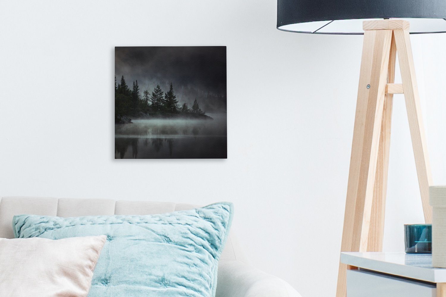 OneMillionCanvasses® Leinwandbild Wald - Nebel - Schwarz - Weiß, Fotodruck (1 St), Wandbild, Deko Schlafzimmer Wohnzimmer Flur 20x20 cm