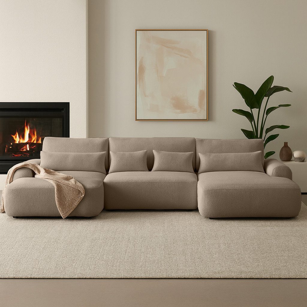 Beautysofa Ecksofa Oliver U-Form mit Schlaffunktion & Bettkasten, Großes Sofa mit Bouclé Stoff QUELLE, 6 Farben, Breite: 355 cm