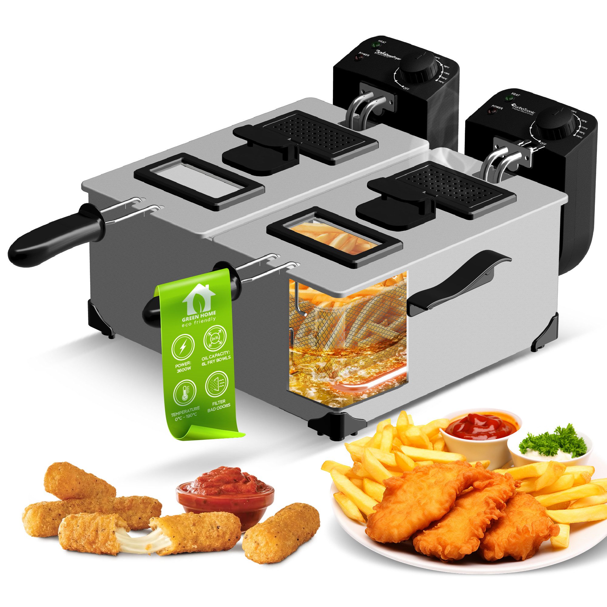 TurboTronic by Z-Line Kaltzonenfritteuse Doppel-Fritteuse 3600W, Kaltzone, 2x3L, Sichtfenster, 0-190°C, Silber, 3600 W, Pommes & Snacks Friteuse/Fritöse Edelstahl DualZone