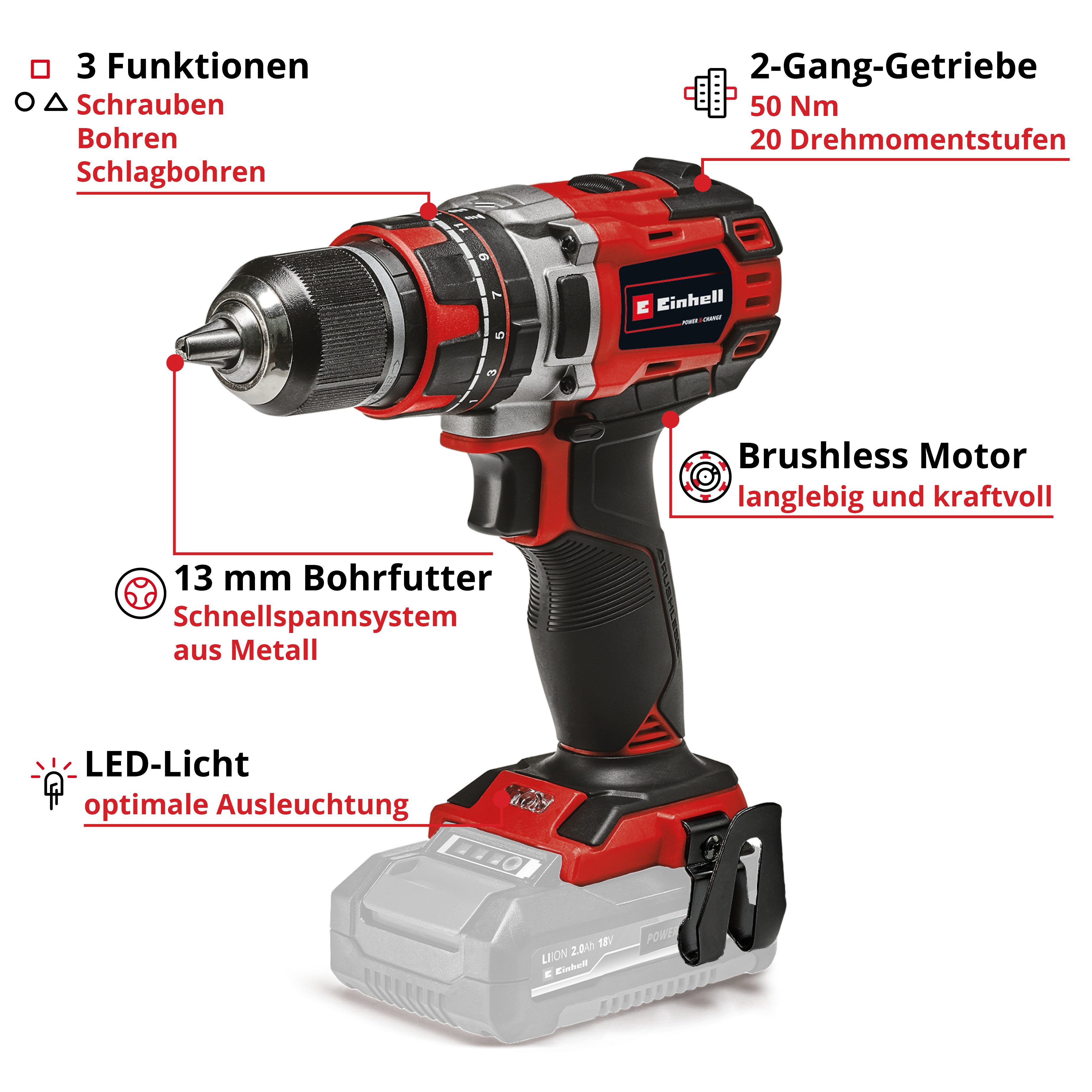 Einhell Akku-Schlagbohrschrauber TP-CD 18/50 Li-i BL Solo, max. 1800 U/min, (1-tlg), ohne Akku und Ladegerät – Bild 2 von 5
