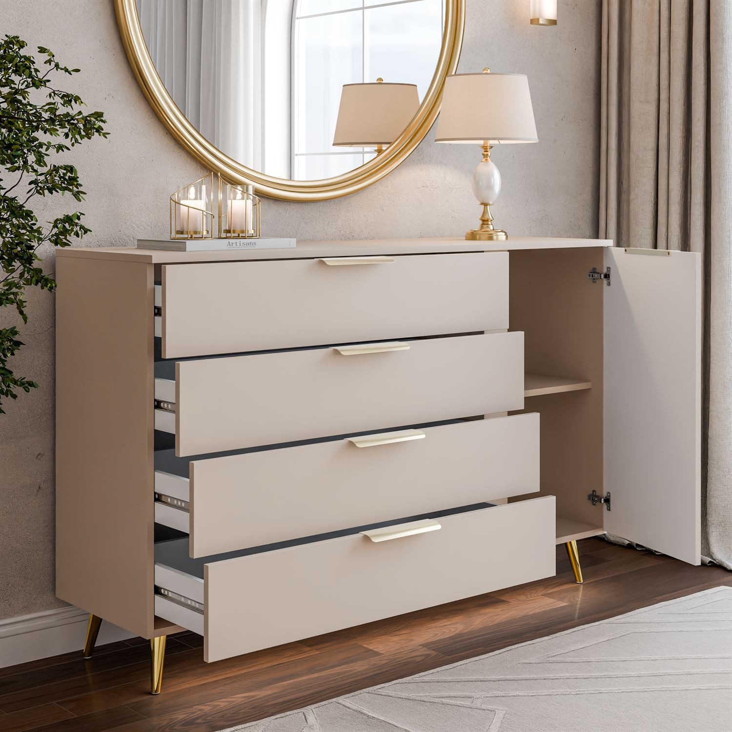 Lookway Kommode LINA KASCHMIR 1D4S mit LED Beleuchtung auf hohen Füßen