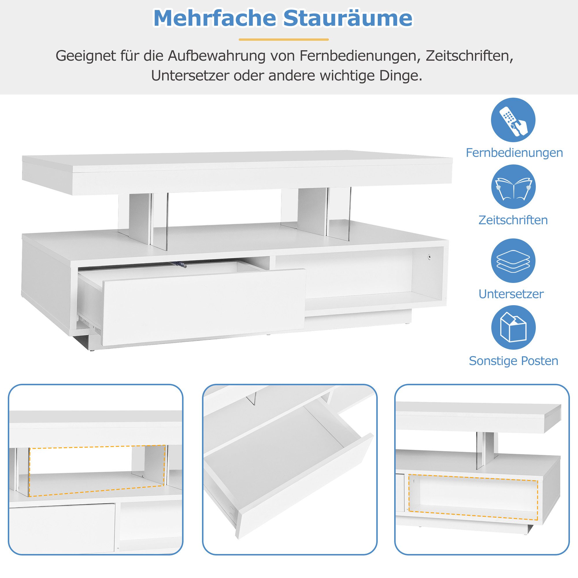 STILVORA Couchtisch Wohnzimmertisch Hochglanz-Beistelltisch Sofatisch mit Stauraum, weiß (Beistelltisch mit 2 Schubladen, 1-St., mit LED-Beleuchtung und hochglänzender Tischplatte), Wohnzimmertisch mit Glastrennwände