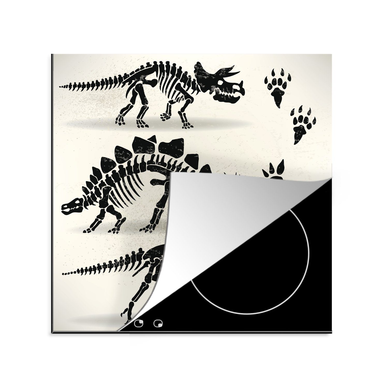 MuchoWow Herdblende-/Abdeckplatte Dinosaurier - Skelett - Pfotenabdruck - Zeichnung - Kinder - Kids -, Vinyl, (1 tlg), 78x78 cm, Ceranfeldabdeckung, Arbeitsplatte für küche