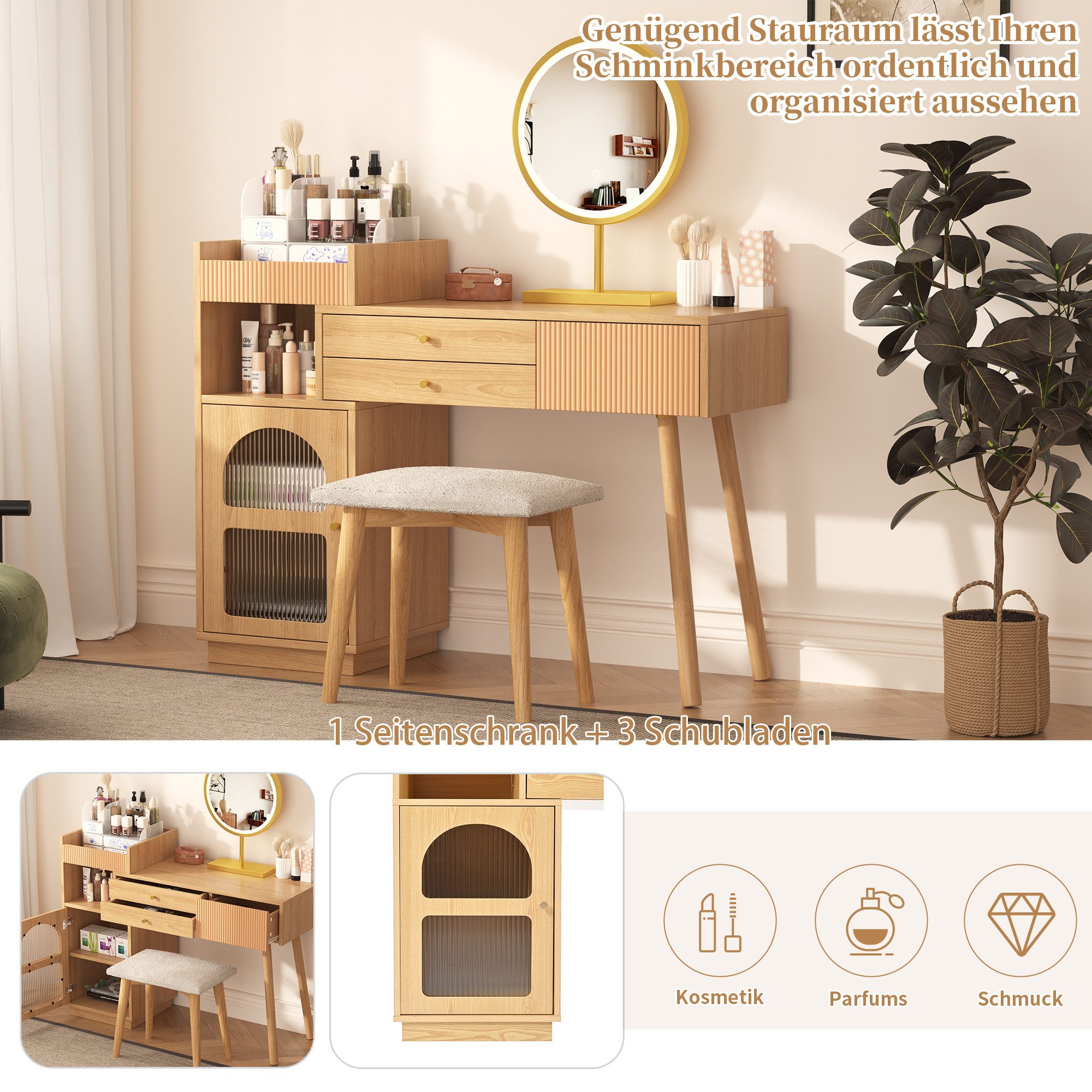 i@home Schminktisch -Set mit LED-Spiegel, 3 Schubladen & Seitenschrank, ausziehbar (Schminktisch-Set mit LED-Spiegel (ohne Hocker), Holzfüße, LED-Ringspiegel, 3 Schubladen, Tür & offene Fächer
