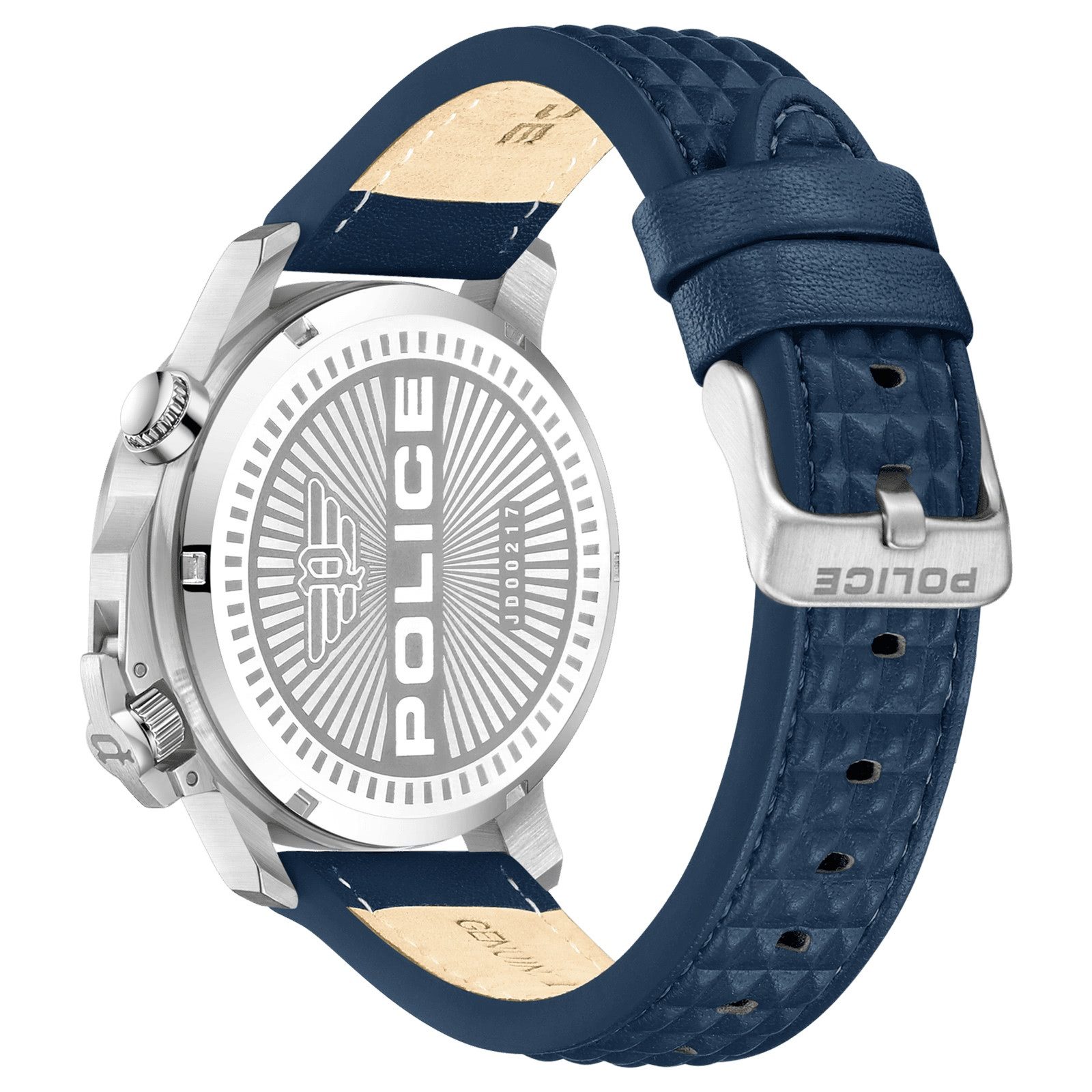 Police Quarzuhr Police Herrenuhr Leder dunkelblau, (Analoguhr), Herrenuhr rund, extra groß (ca. 44x52mm) Lederarmband