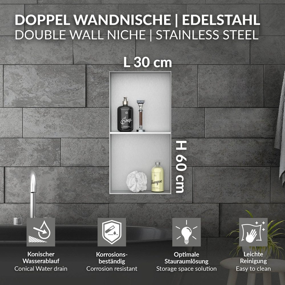Thumbnail - LuxeBath Duschwand Wandnische aus Edelstahl Flexibler Einbau für Badezimmer, Duschnische Doppel Silber 30x60x10cm Randlo...