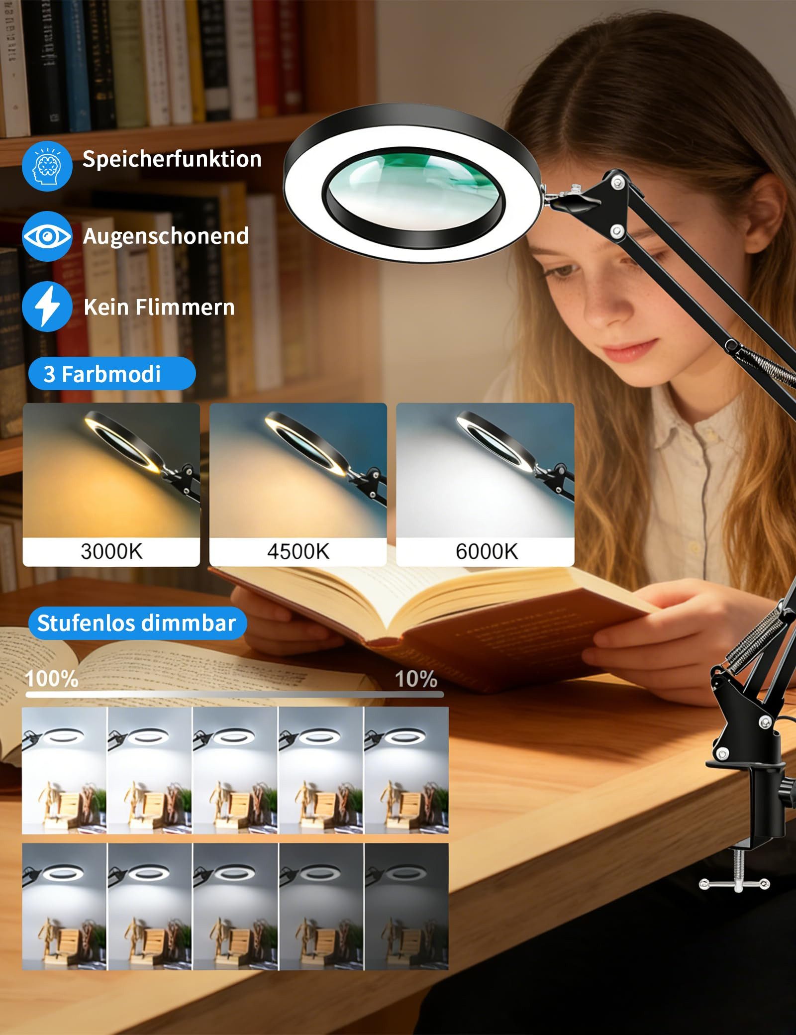 ibettertec Lupenlampe 10X Lupe mit Licht und Ständer 2-in-1 LED Lupenleuchte, mit Klemme, LED fest integriert, Weiß, Warmweiß, Kaltweiß, 3 Farbmodi & 10 Helligkeitsstufen, für Lesen, Nähen, Basteln, Senioren