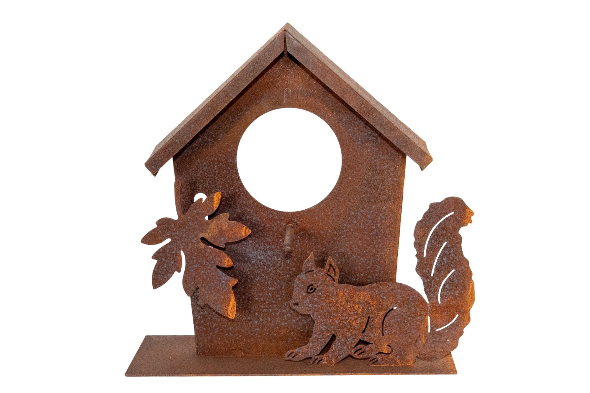 Dewoga Edelrost-Metalldesign Vogelhaus Vogelhäuschen mit Eichhörnchen, ca. 25 x 10 x 25 cm