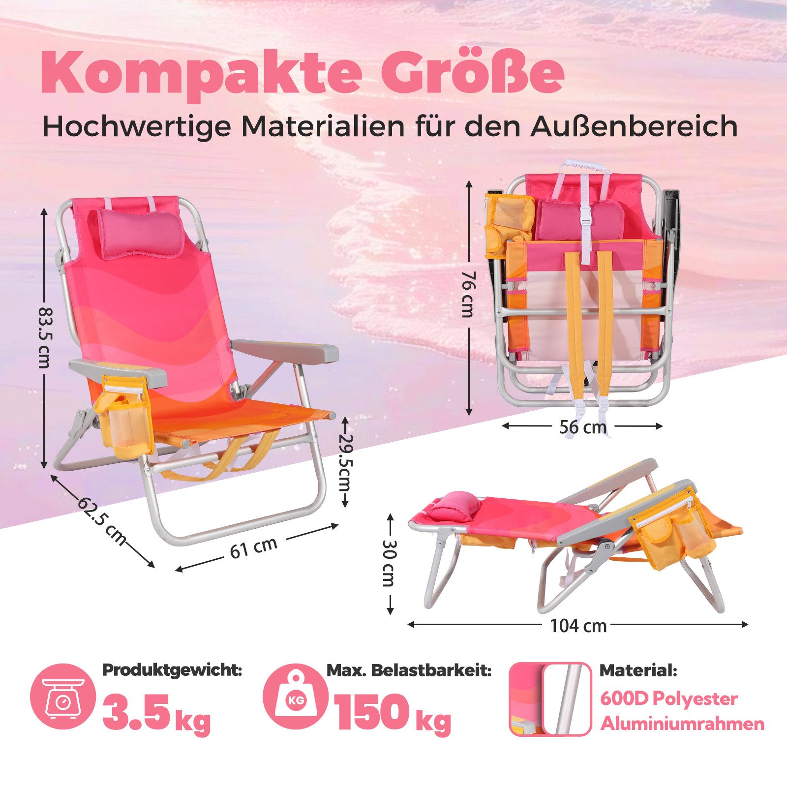 HOMECALL Klappstuhl Strandstuhl Leicht Klappbar Camping, 5-fach verstellbare Rückenlehne (Bis150KG Aluminiumrahmen, groBe Kuhitasche und Aufbewahrungstasche, 2  – Bild 2 von 5