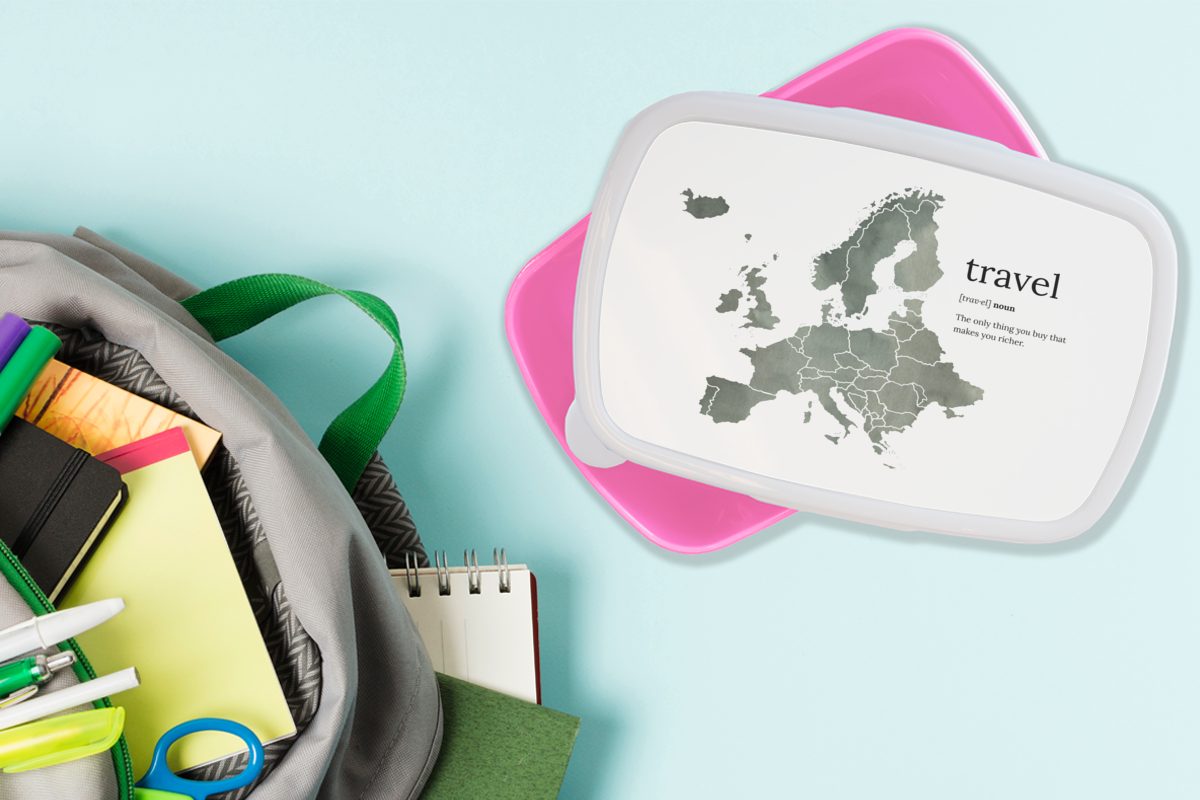 Brotdose - Snackbox, Kinder, Brotbox MuchoWow für Kunststoff - Lunchbox Kunststoff, Europa-Karte Mädchen, Erwachsene, rosa (2-tlg), Zitate Aquarell,