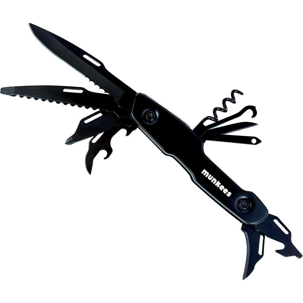 Munkees Universalmesser Taschenmesser Black Line 15-in-1, 7 cm Klinge, 139 g, kompakt, (Kein Set, 1 St), Klinge, Säge, Hakenlöser und Gurtschneider, kompakte Bauform