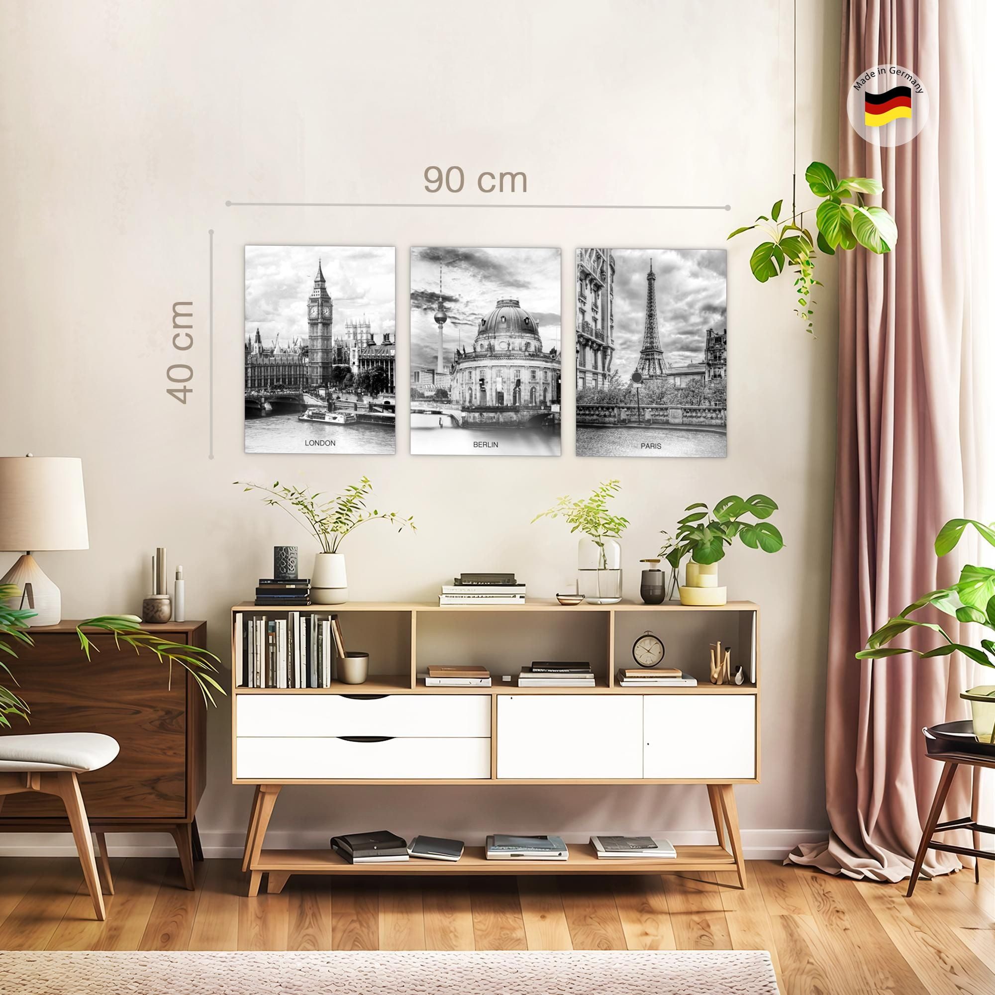 Novart Wandbild Städte Berlin London Paris Schwarz Weiß Bilder Set Deko, London (3 St)
