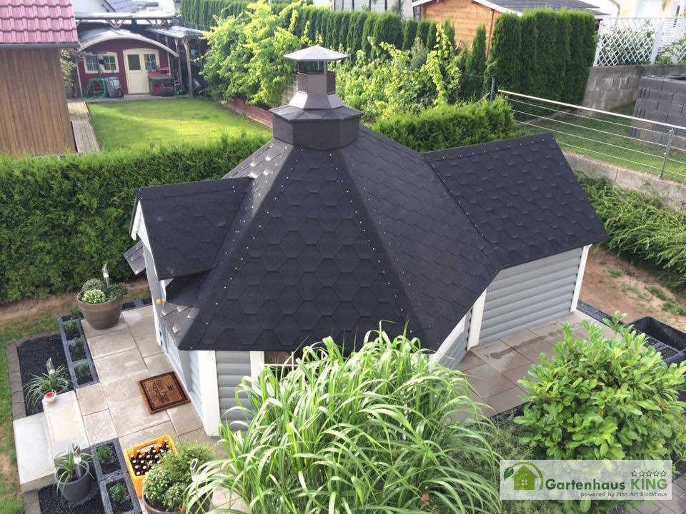 Finn Art Blockhaus Grillkota Grillpavillon 6-eckig Elegance 9,2 mit 1,8m Anbau max. 12 Personen, BxT: 377x515 cm, mit Grillanlage, mit 18 mm Fußboden