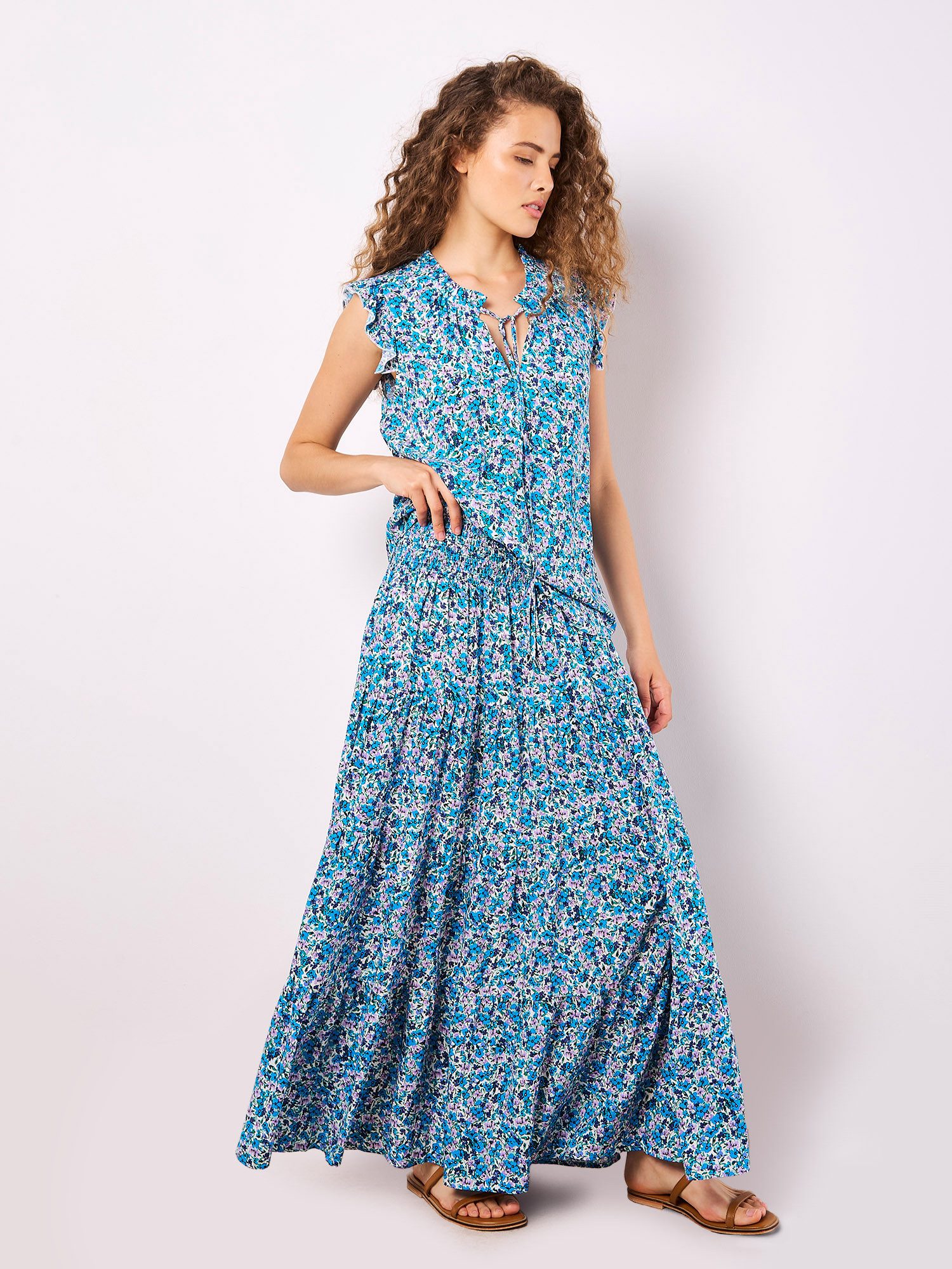 Apricot Maxirock Geblümter, gestufter Maxirock mit gesmoktem Bund